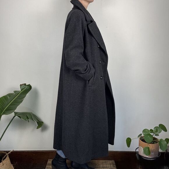 Vintage 80s Adolfo Studio Charcoal Wool Double-Breasted Winter Trench Overcoat - Picture 6 of 13